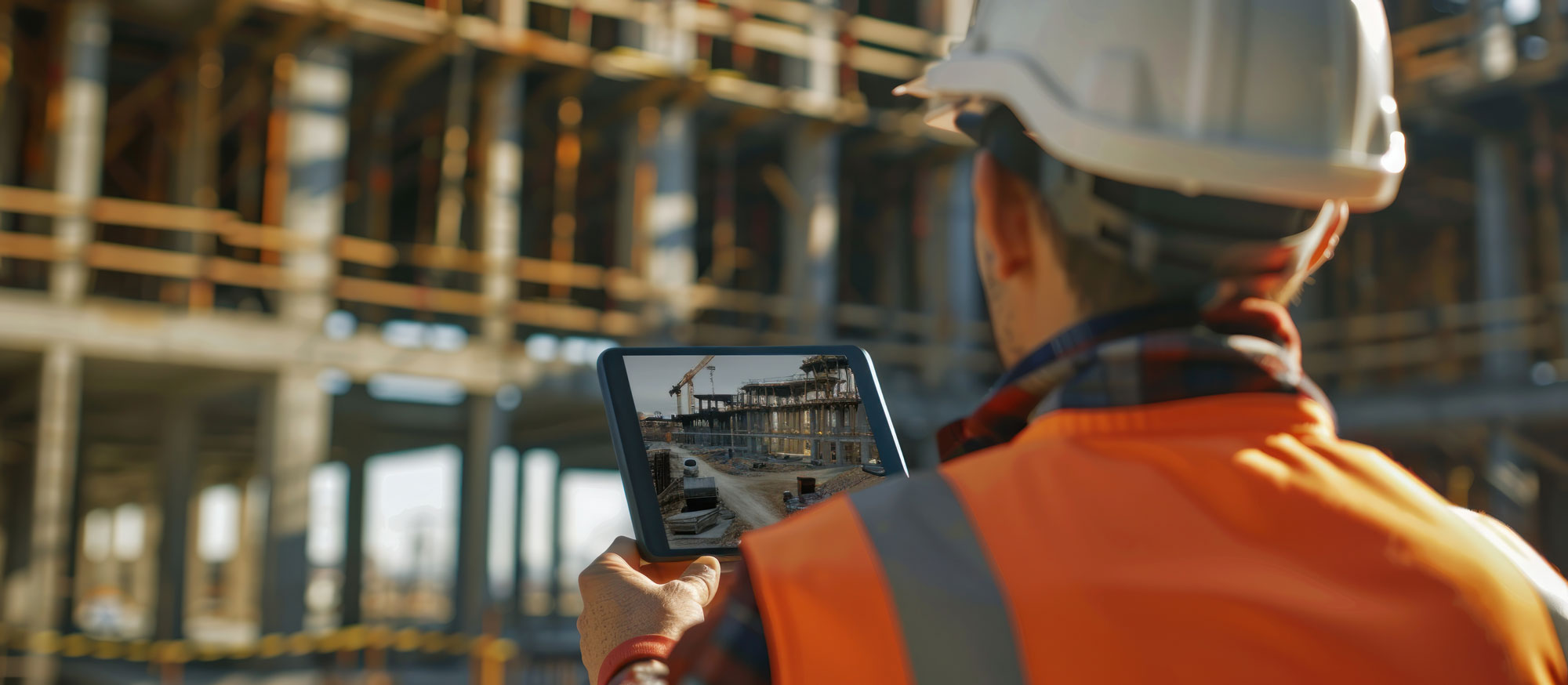 Construction site technician using a tablet for digital work progress monitoring and project monitoring activities