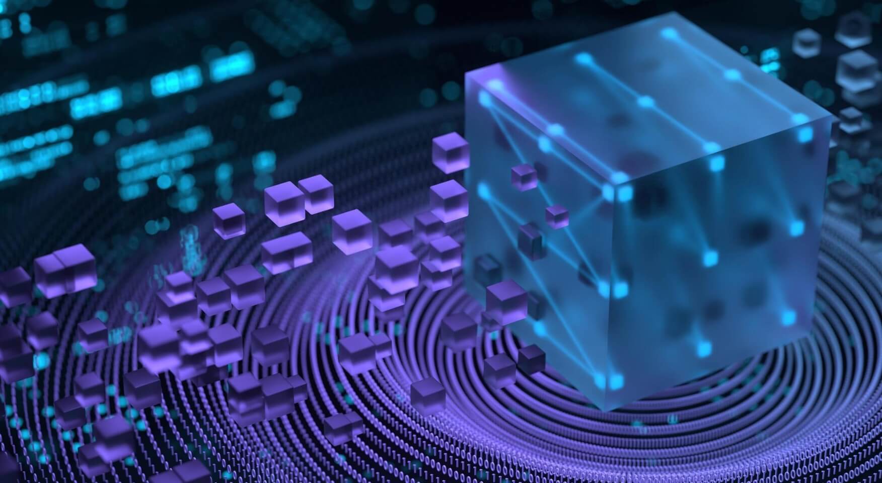 Rappresentazione digitale della blockchain con cubi interconnessi e linee luminose, a simboleggiare dati, tracciabilità e tecnologie decentralizzate.