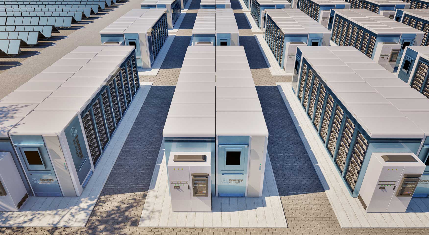  Impianto di accumulo energetico con file di container per batterie industriali e pannelli solari, destinato allo stoccaggio dell'energia su larga scala.