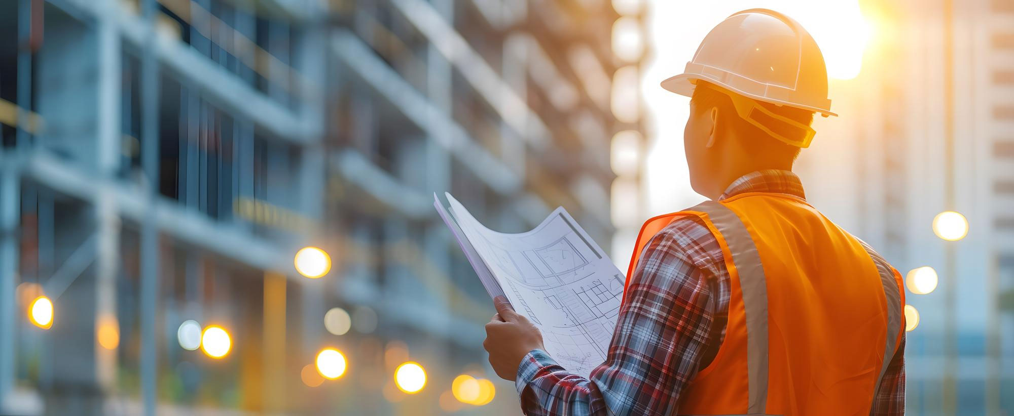 Tecnico esamina elaborati progettuali in cantiere per interventi ESCO, EPC ed efficientamento energetico degli edifici