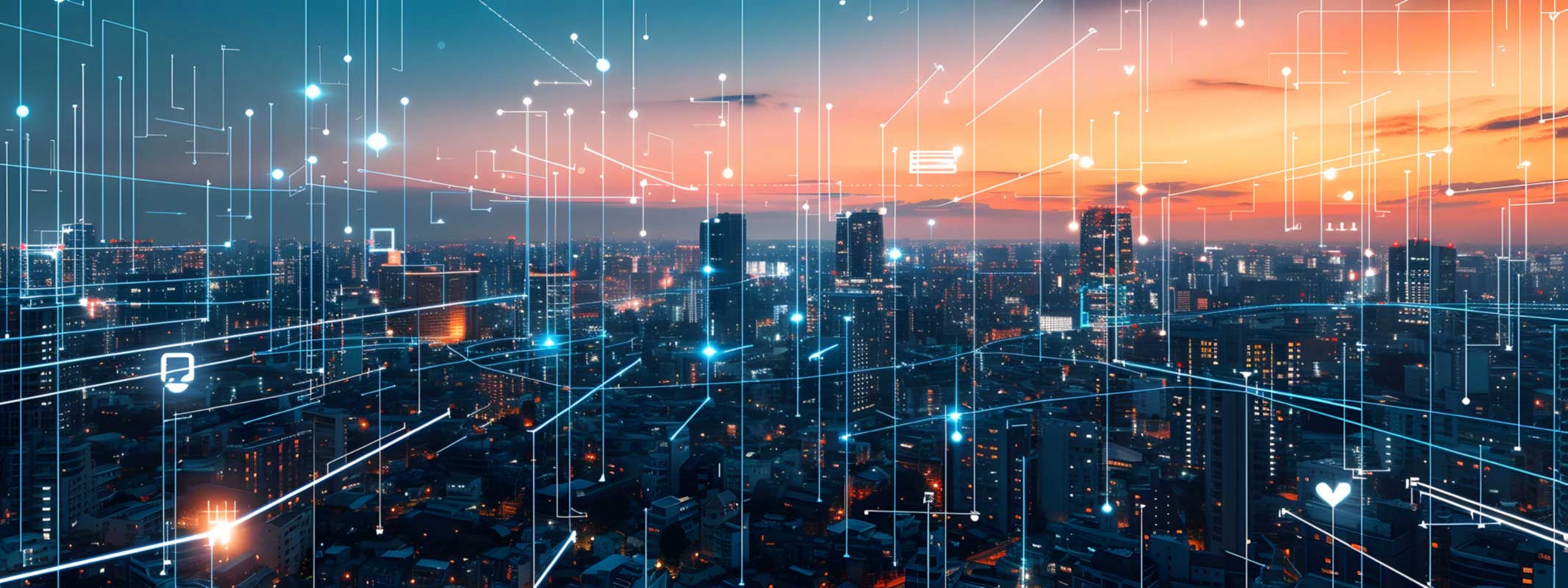 Città digitale con rete di connessioni tecnologiche per servizi di digitalizzazione, monitoraggio e gestione evoluta degli asset immobiliari