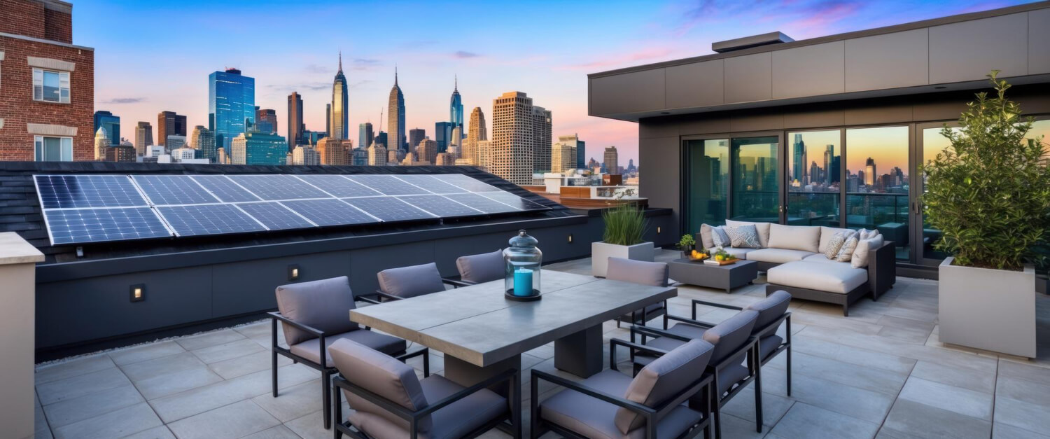 Terrazza panoramica di immobile moderno con pannelli solari e skyline urbano, simbolo di valorizzazione e gestione di asset immobiliari complessi.